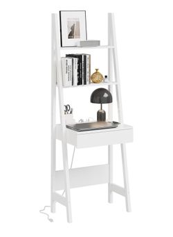 New White Ladder Desk with Power Outlet Narrow Bookshelf Desk with Drawer and Shelves, Compact