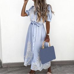 Women's Floral Embroidery Summer Dress Puff Sleeve Belted A-Line Bohemian Maxi Dresses High Waist Beach Dresses Casual Button Down Shirt Dresses Sky B