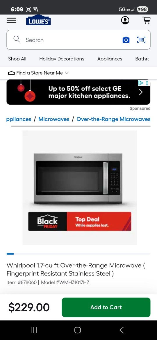 Whirlpool Over The Range Stainless Microwave Oven 