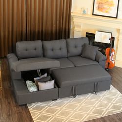 97" x 59" 3-Seats Sleeper Sectional Sofa Bed W/ Chaise Storage, Pull Out Sleeper