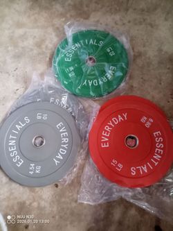 Bumper weight plates, Olympic bar, curl bar, steel weights, benches, tree
