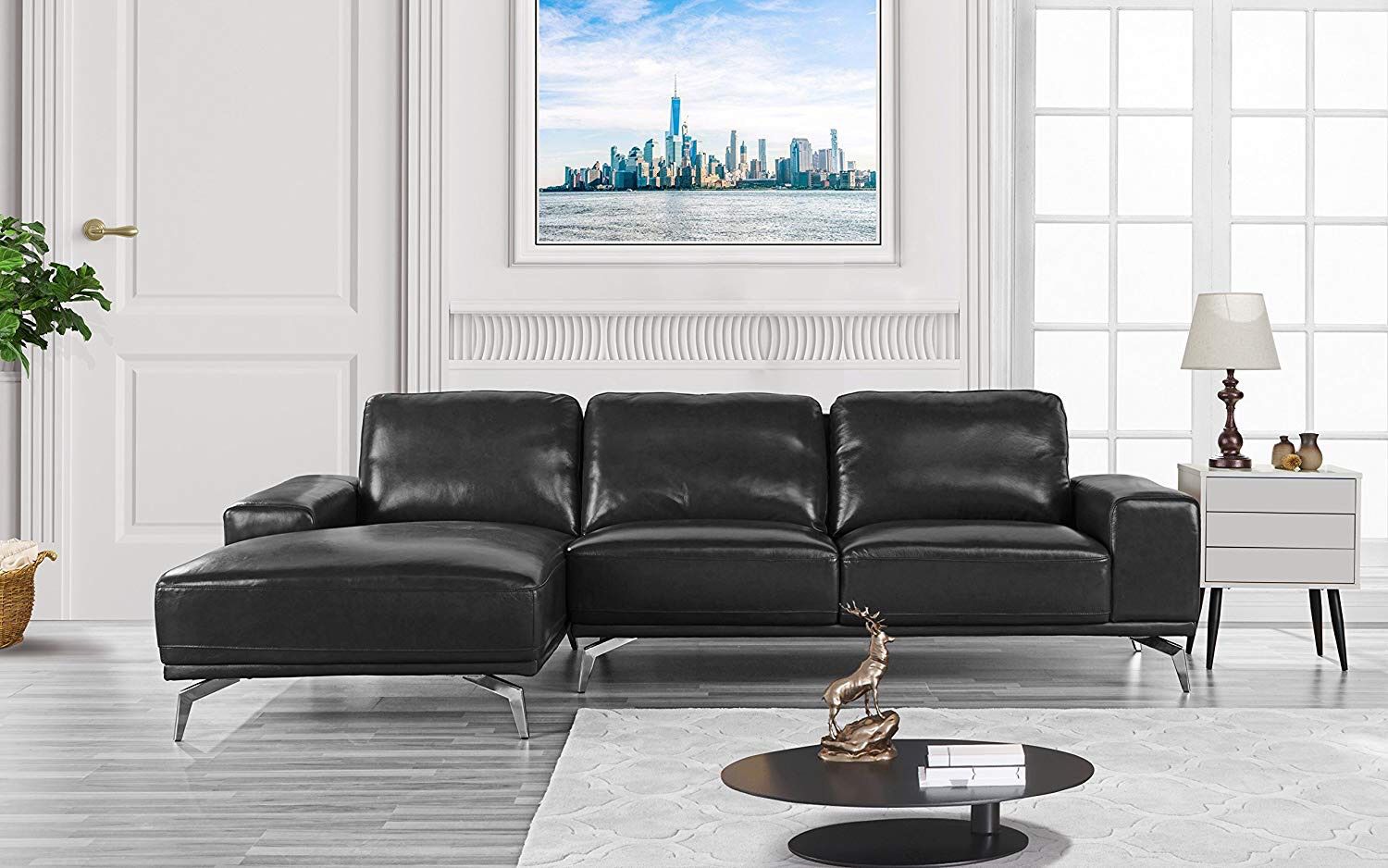 Divano Roma Furniture - Modern Real Leather Sectional Sofa, L-Shape Couch w/Chaise on Left (Black)