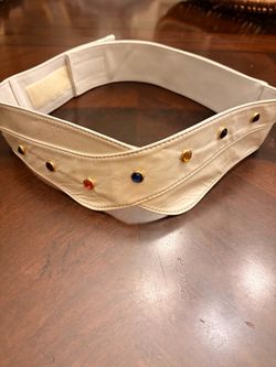 Vintage 1980s Isabel USA Off-White Leather Jeweled Contour Belt - Size S/M