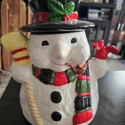 Snowman Cookie Jar w/cardinal 11" tall