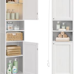 Storage Cabinet with Lights, Slim Freestanding Cabinet with Adjustable Shelves, for Small Spaces, Bathroom, Living Room, Modern, 11.8 Inches Wide, Clo