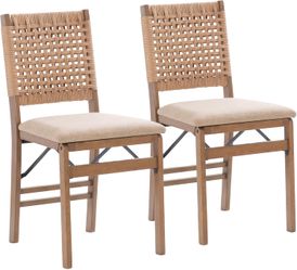 Linon Bennett Natural Folding Chair with Woven Rope Back and Linen Upholstered Seat Set of 4