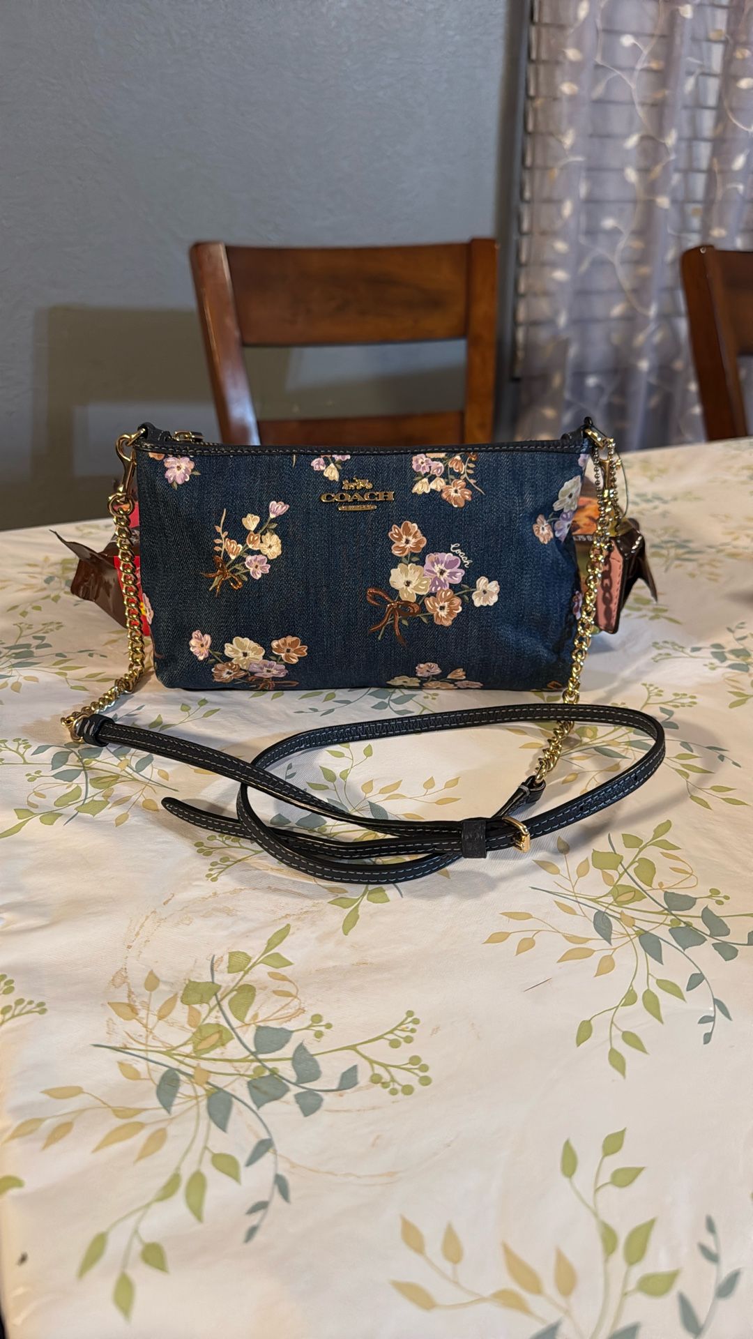 Coach Bag Parker 18 Floral Bow Denim Chain Strap Shoulder Pouch Good Small ππ»