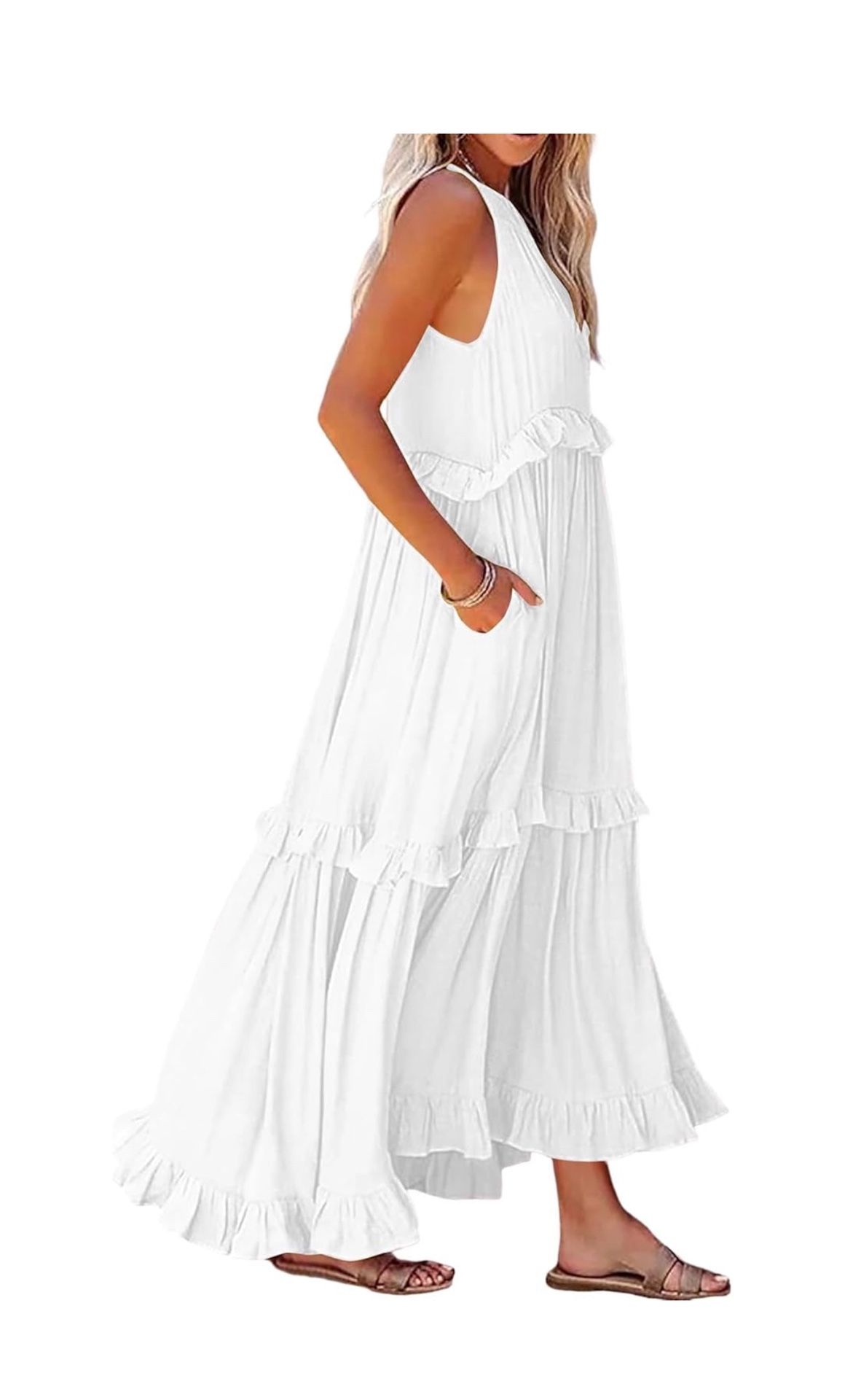 White Summer Sleeveless Halter Neck Tiered Dress Flowy Ruffle Long Beach Maxi Dress Sundress