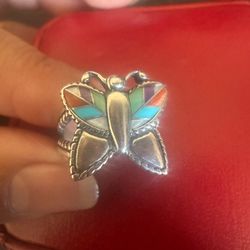 Carolyn Pollack vintage inlay natural gemstones butterfly ring, size 6.25 , hallmarked