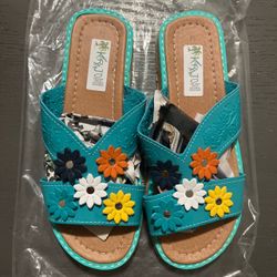 Women’s Blue/Multicolor Floral Slide Slip-On Sandals Flower Accents size 7