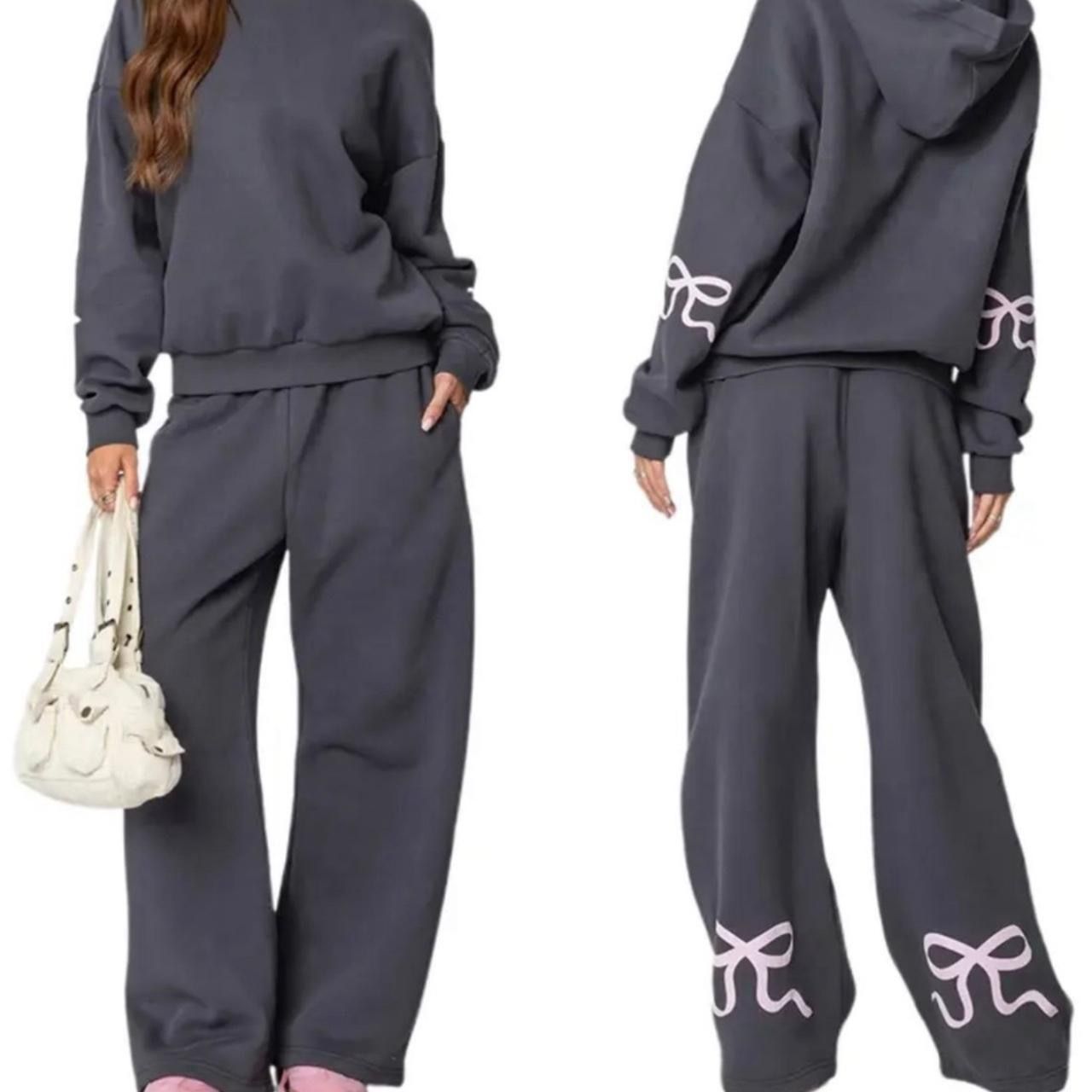 Edikted Gray and Pink Bows Sweatpants Hoodie Set