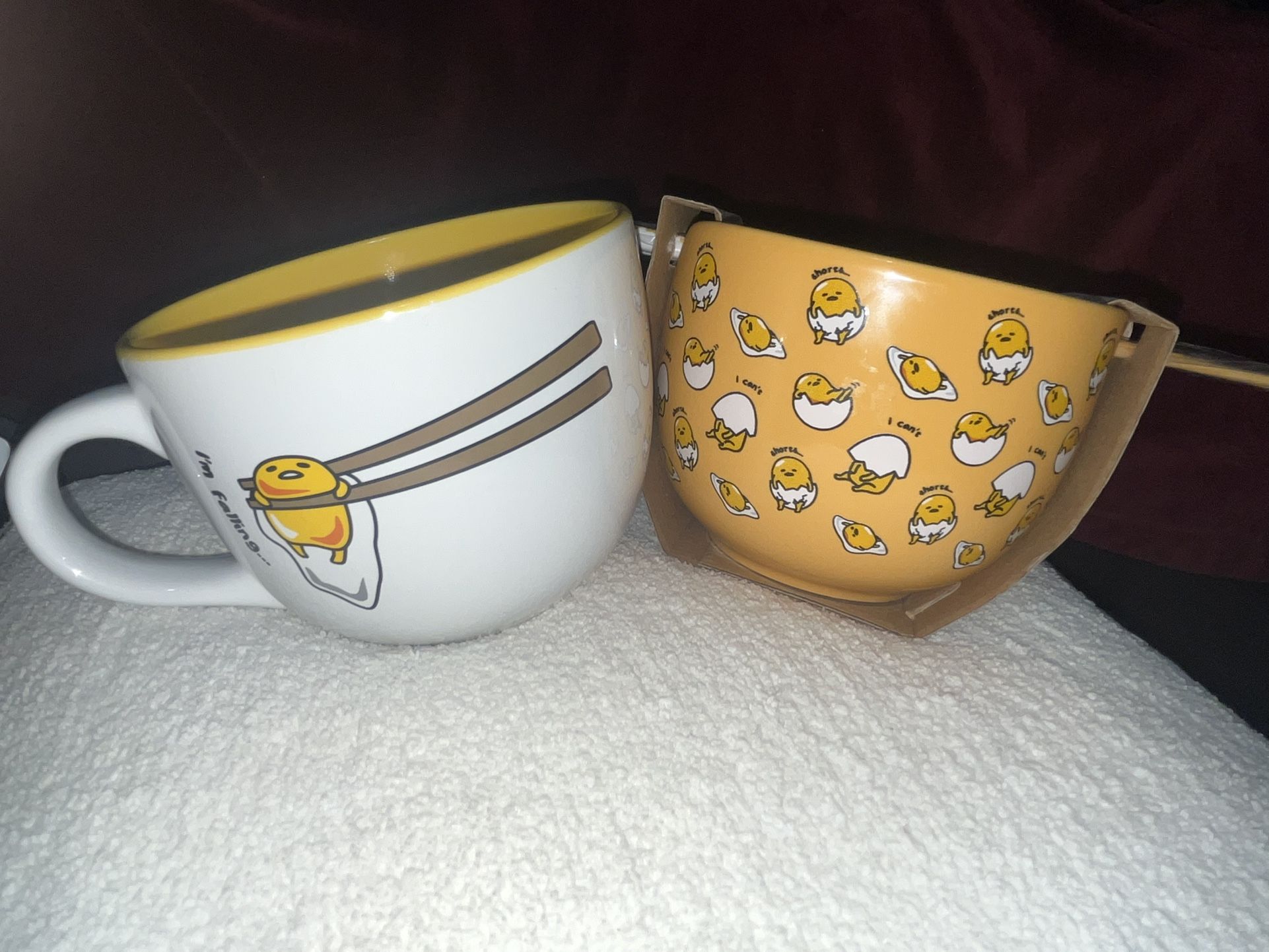 Sanrio Gudetama Coffee mug And noodle Bowl With Chopsticks Set NWT NEW