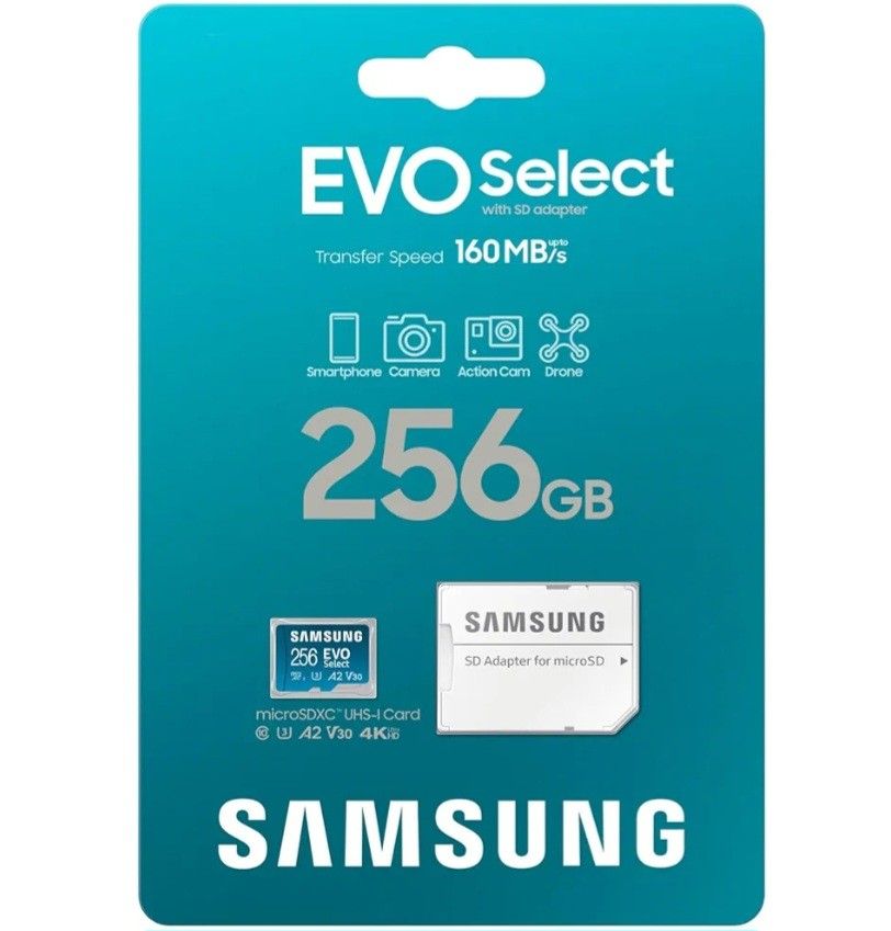 SAMSUNG EVO Select microSDMemory Card + Adapter, 256GB microSDXC  -  NEW