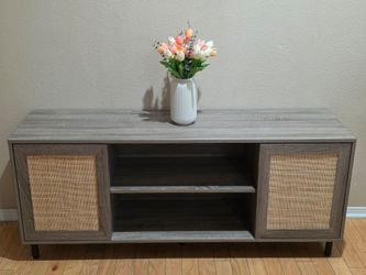Gray Wood TV Stand with Rattan Cabinet Doors