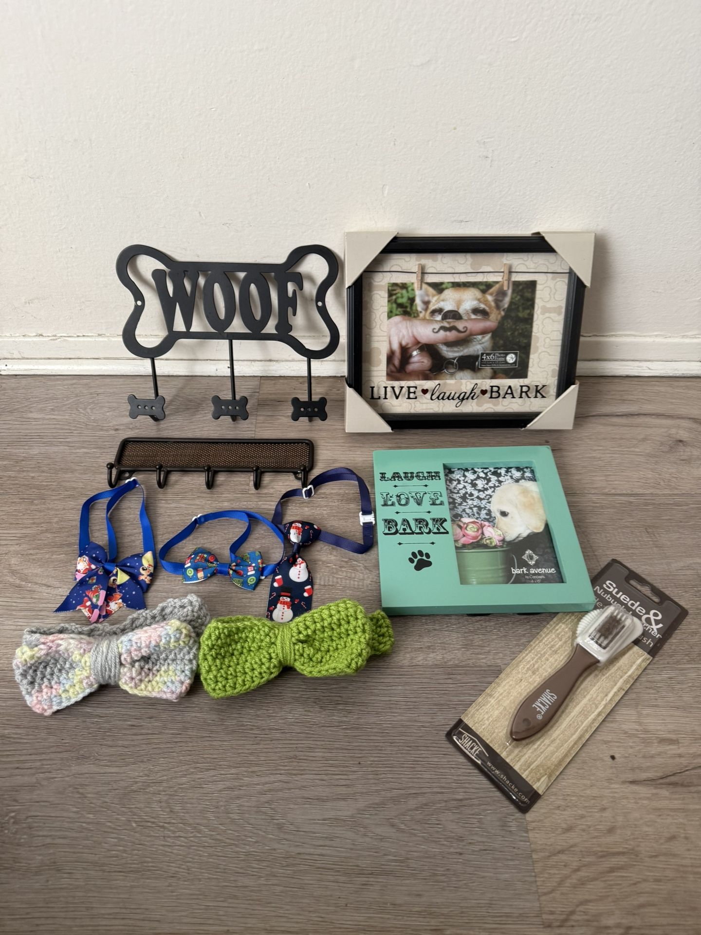 Dog picture frames, key hook on the wall, bow ties, and brush - NEW