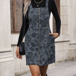Women Floral Print Zip Front Pocket Strap Casual Dress