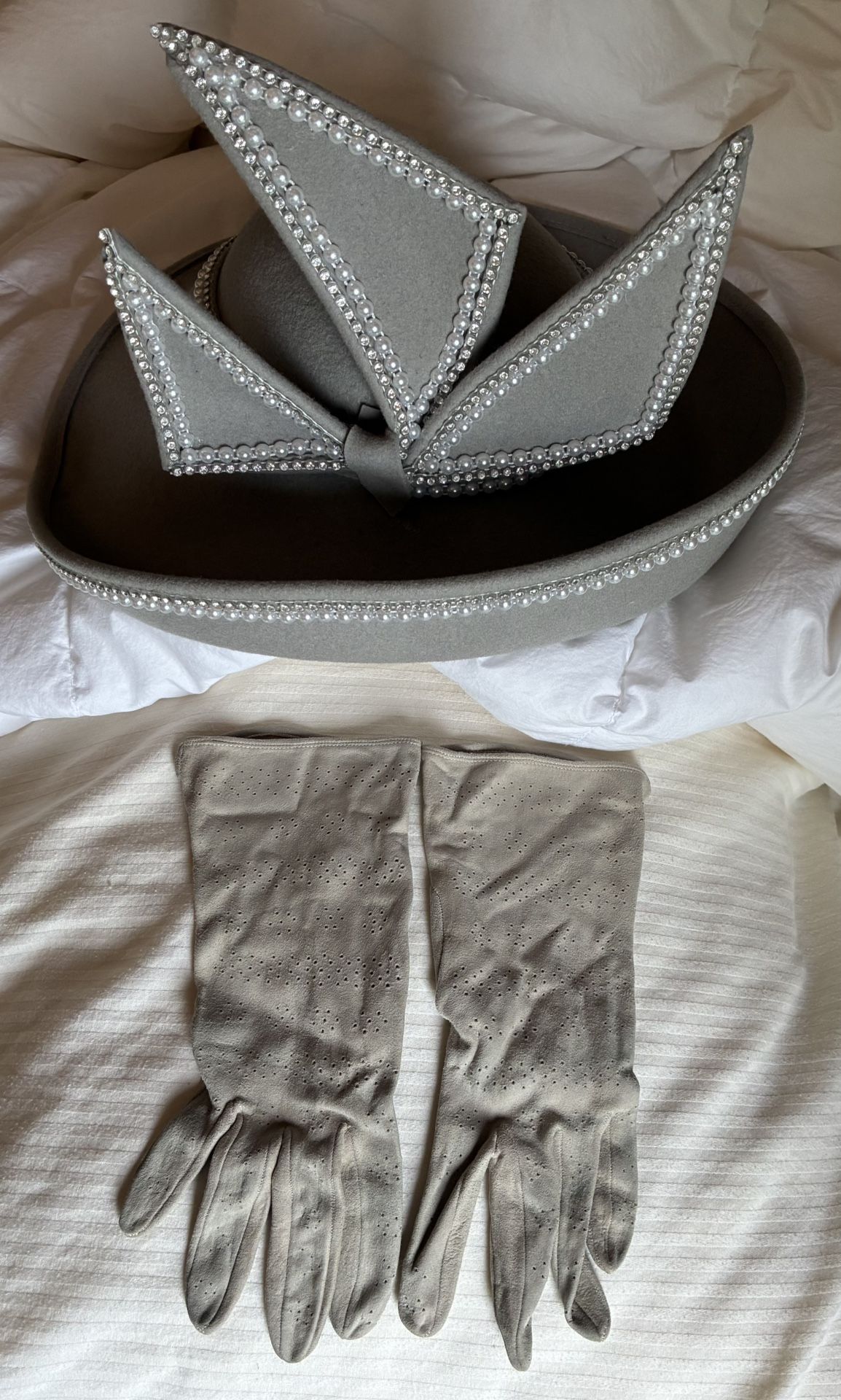 Grey Wool Felt Hat w/Synthetic Pearls and Rhinestones Label-Jack McConnell, New York. 13”X14”X8” High, and Gloves.