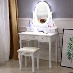 Vanity Table 10 LED Lights, 5 Drawers Makeup Dressing Desk with Cushioned Stool Set,Bedroom Vanities Set White