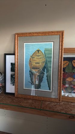 Framed Wooden Boat Print with Burl Wood Frame