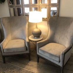 Gray High Back Chairs With Wood Detail 