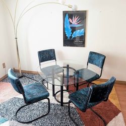 Teal Velvet Postmodern Dining Table Set w/ 4 Cantilevered Chairs