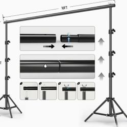 Brand New - 10x10 ft. Backdrop Stand, Adjustable Background Support Kit with 4 Clamps