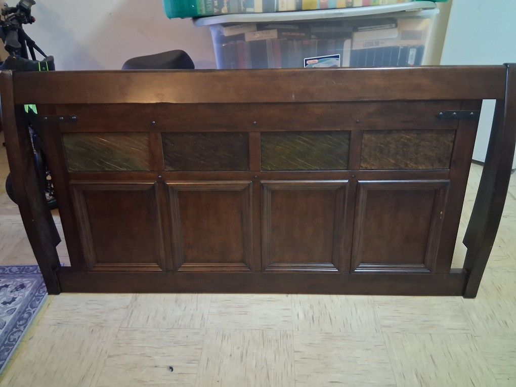 Queen Sleigh Bed, Beautiful Dark Wood With Slate Stone Insets