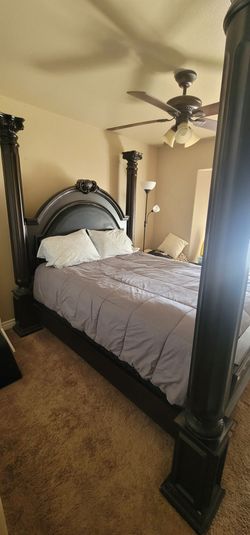 Ornate Dark Wood Four Poster Bed Frame and Matress