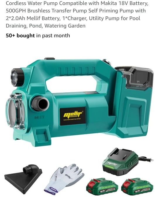 New Cordless Water Pump Compatible with Makita 18V Battery, 500GPH Brushless Transfer Pump Self Priming Pump with 2*2.0Ah Mellif Battery, 1*Charger