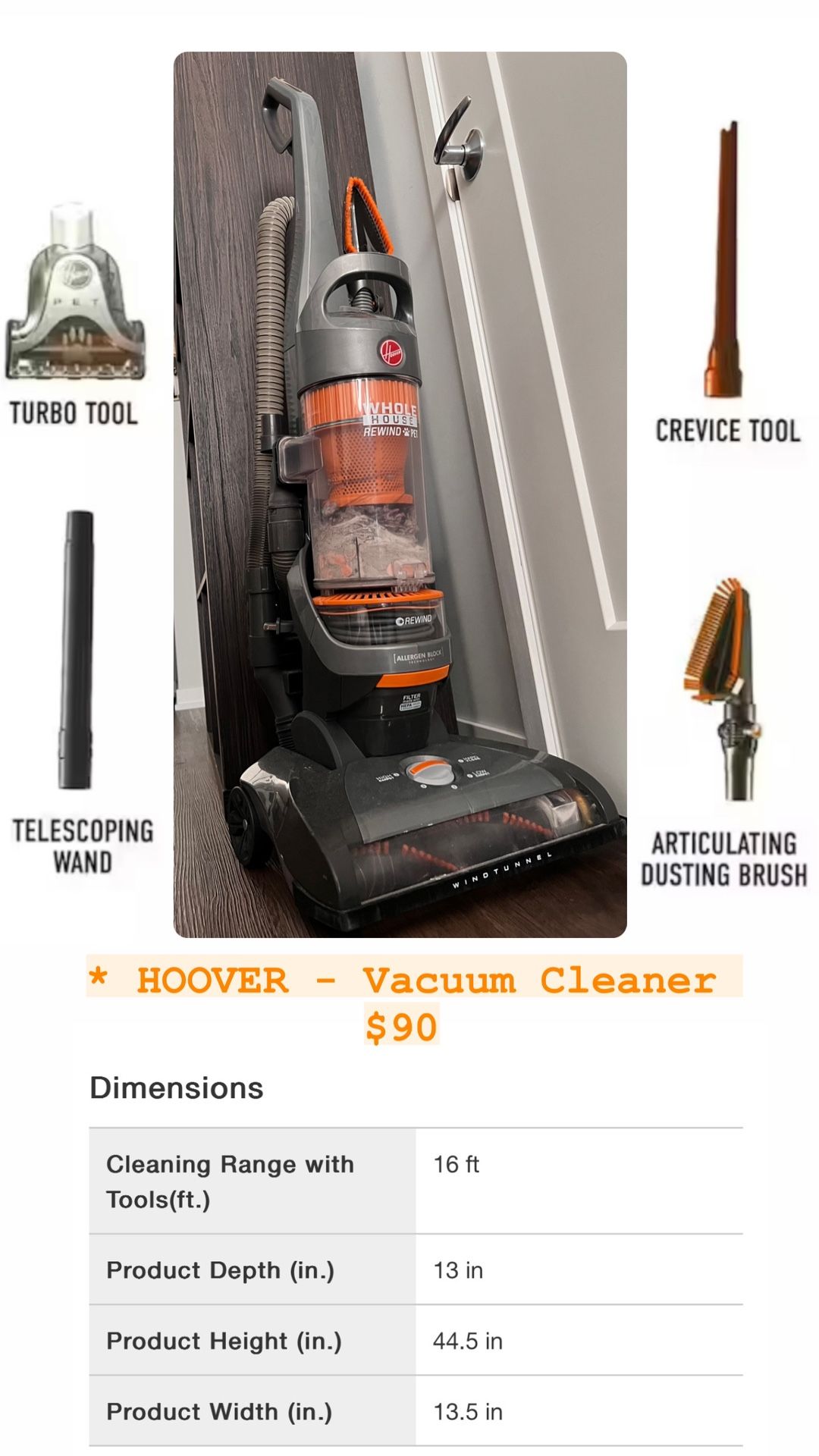 HOOVER - WindTunnel 2 Whole House Cord Rewind Bagless Pet Upright Vacuum Cleaner Machine with HEPA Media Filtration