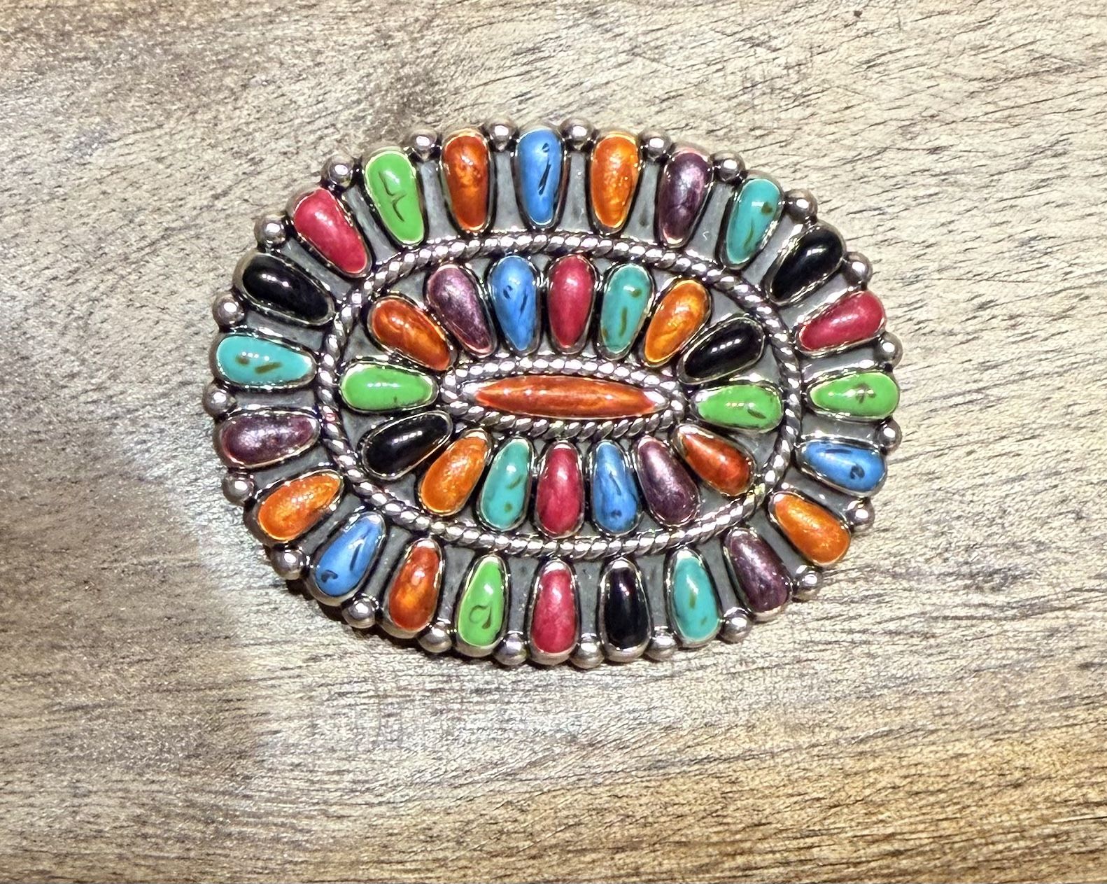 Southwestern Multicolor Stone Oval Brooch Silver Tone Boho Tribal Style