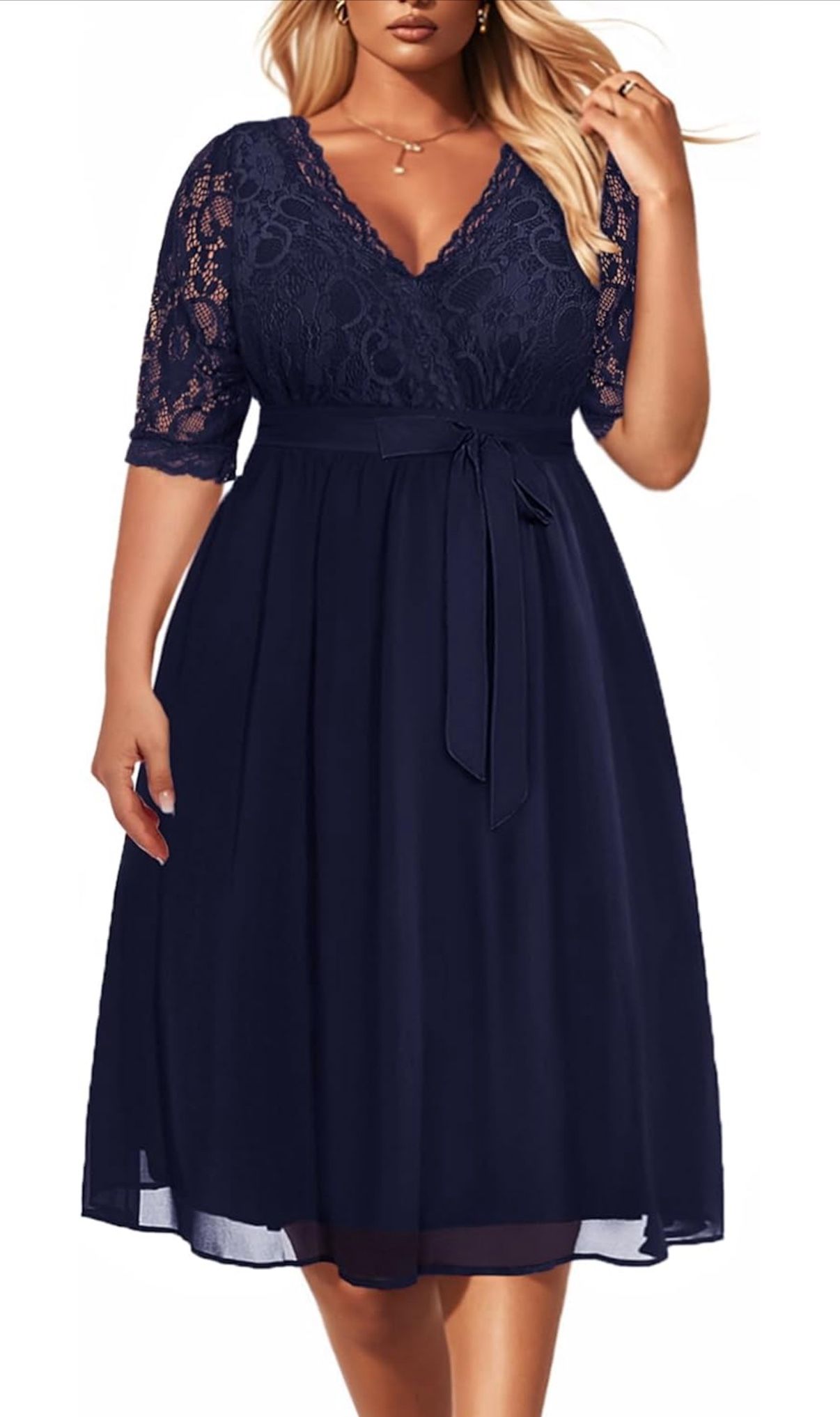 Pinup Fashion Plus Size Lace Chiffon Wrap V Neck Dresses Women Cocktail Wedding Guest Midi Dress