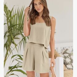 AUTOMET Women's Summer 2 Piece Linen Outfit, Khaki, Medium