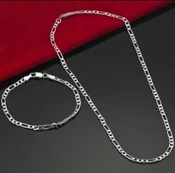 New Sterling Silver Unisex 24 Inch Figaro Bracelet And Necklace Chain Set