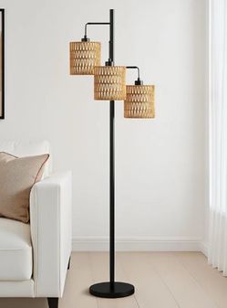 Modern 3-light boho coastal rattan shades floor lamp