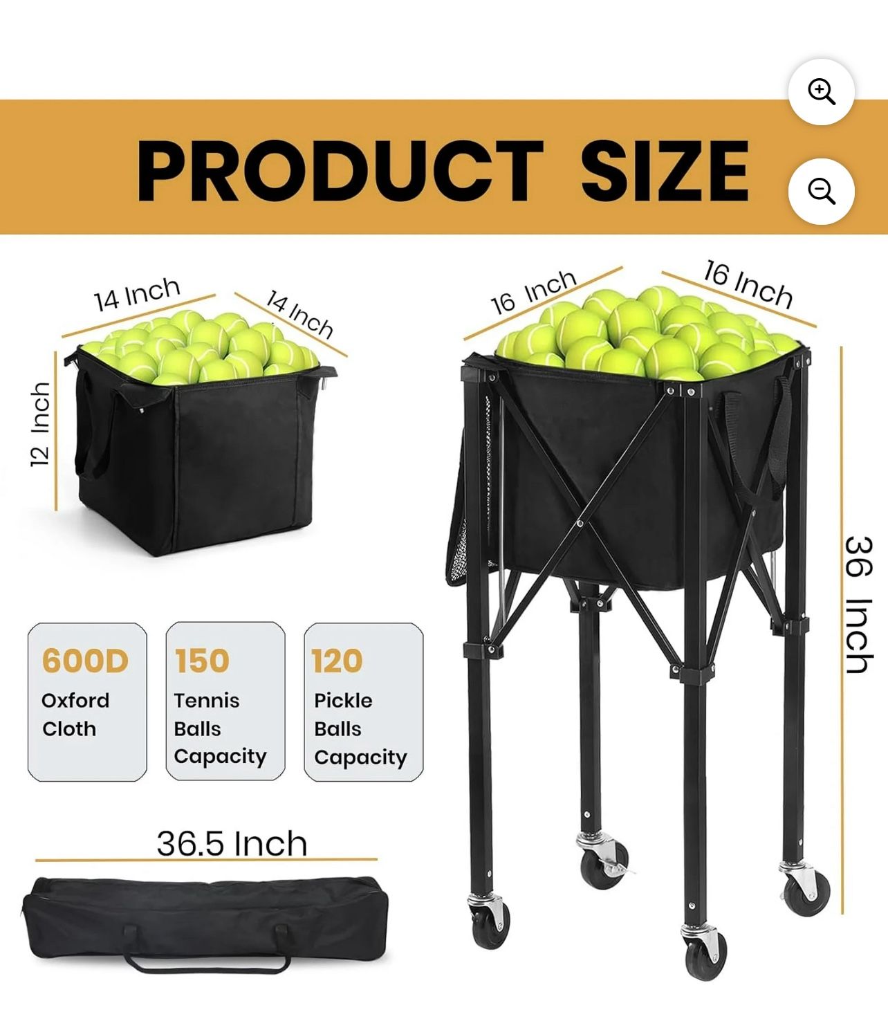 Tennis Ball Hopper Pickleball Removable Waterproof Basket with Carry Bag, Wheel Locks for Tennis Coaches Players Schools Clubs, Tennis Court Equipment