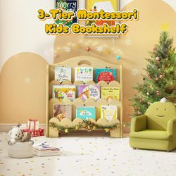 Bookshelf for Kids, 3-Tier Montessori Wooden Toddler Book Rack Toy Organizer and Storage