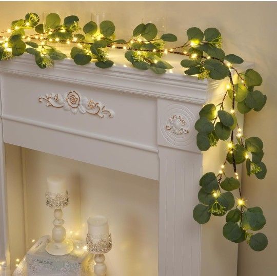 2 Pcs Christmas Decoration Indoor, 6FT Eucalyptus Garland for Mantle, Artificial Christmas Greenery with Timer, Cedar Tree Garland for Fireplace Outdo