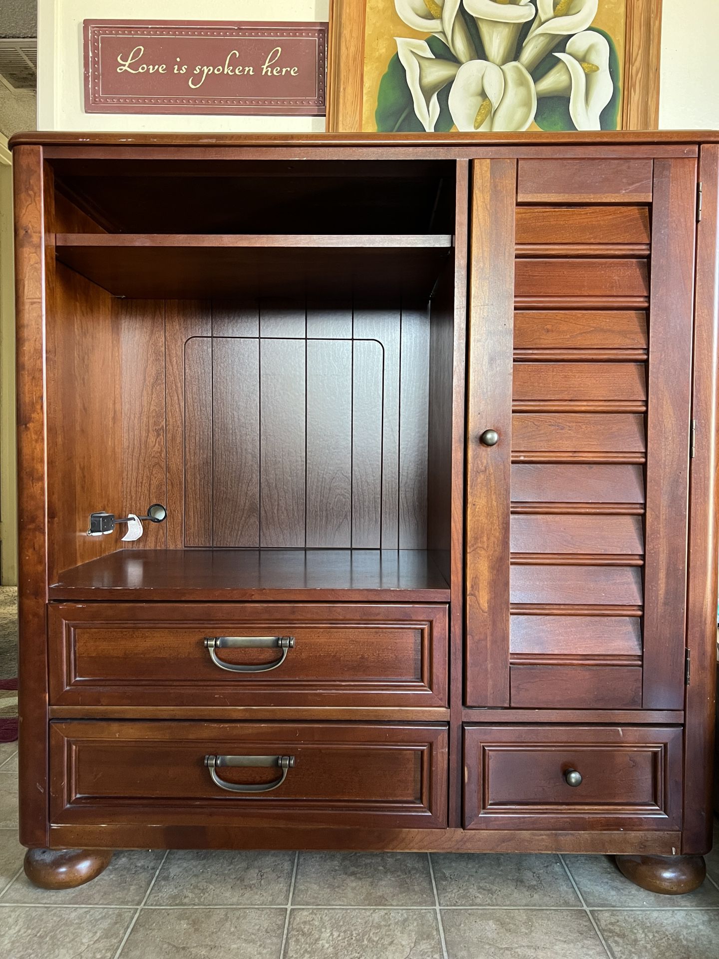 Brown Wooden Media Cabinet With 1 Textured Door + 3 Drawer Storage 