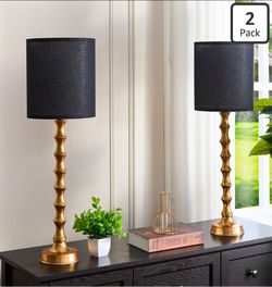 Set of 2 EUO Gold Buffet Table Lamps 30.5" Tall with Black Shades – Bamboo Design
