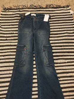 Blue Denim Cargo Flare Jeans with Tags