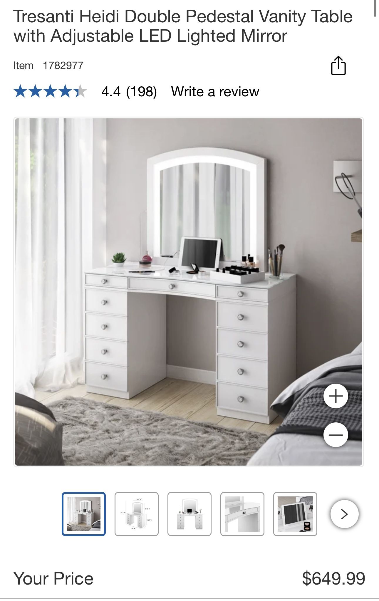 Tresanti Heidi Double Pedestal Vanity Table with Adjustable LED Lighted Mirror