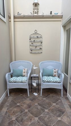 White Wicker Chairs with Cushions & Pillows