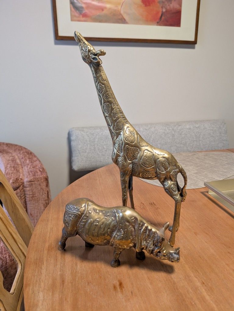 Vintage Brass Sculpture Giraffe & Rhinoceros