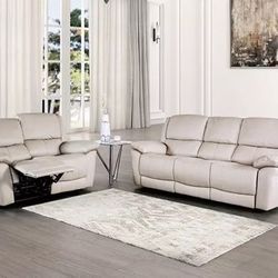 New Leather Match Reclining Couch / Love Seat.  Off White Or Grey.  Free Delivery!