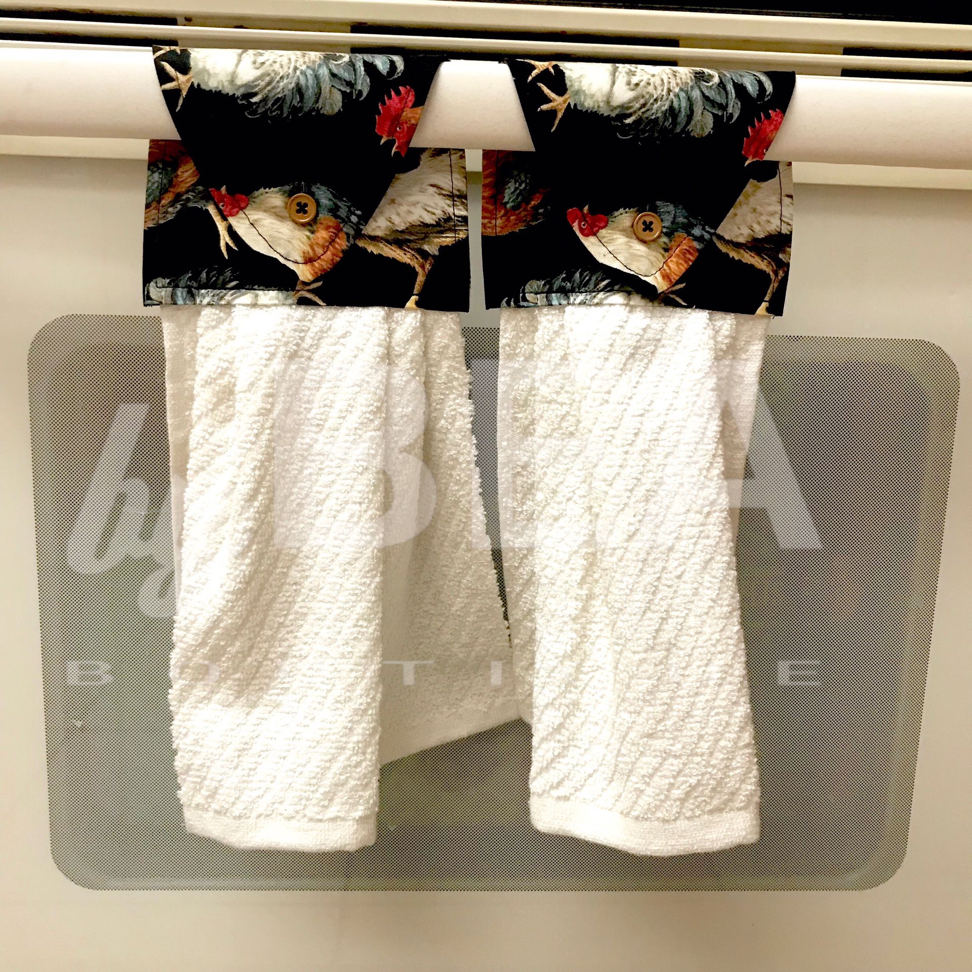 Two (2) kitchen towels - roosters with eggshell
