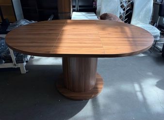 59 inch Round Dining Table for 6, Modern Farmhouse Kitchen Table, Circle Dining Tables with Wood Strip Base for Kitchen Living Room , Walnut
