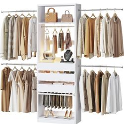 Closet System, 4-8FT Closet Organizer with 3 Wood Drawers & Glass Top, 102'' Walk in Closet with 5 Hang Rods & LED Lights & Trouser Rack, Built-in War