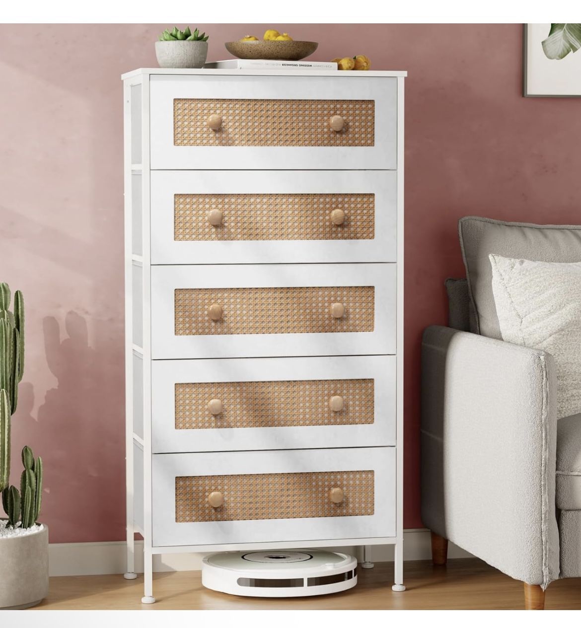 Crestlive Products Rattan Dresser Storage Tower, Tall Fabric Dresser, Chests of Drawers, Wood Top - Organizer Unit for Bedroom, Hallway, Entryway