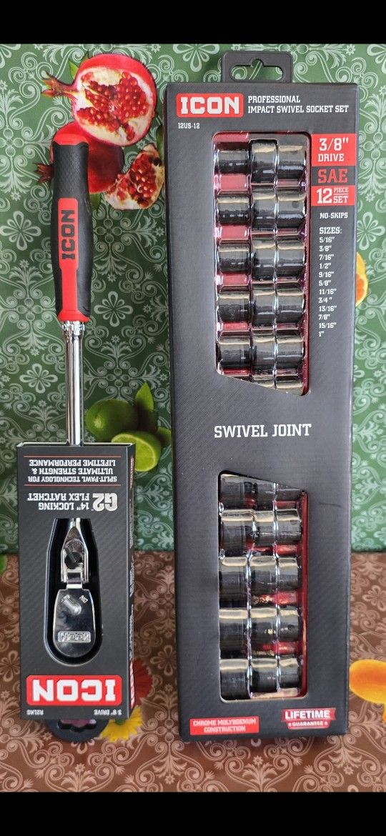ICON 3/8 in. Drive SAE Impact Swivel Socket Set, 12-Piece with G2 3/8 in 14 in long locking flex ratchet with comfort grip